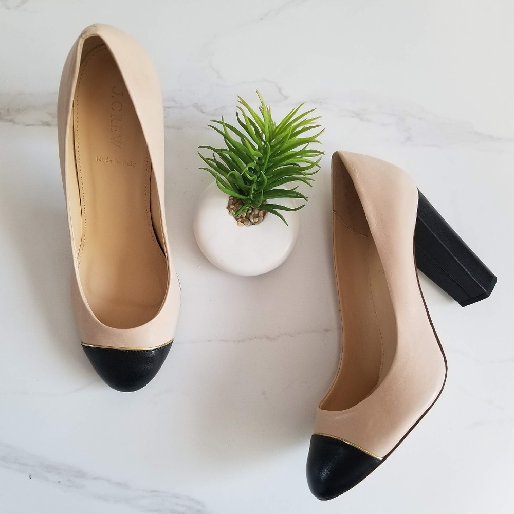 J. Crew Italy Etta Cap Toe Leather Pumps Tan Black